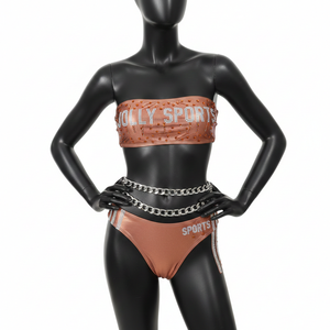 Ensemble de bikini pour femmes de haute qualité, 210 GSM, polyester et élasthanne doux, couleur marron cuivre, logo orné de strass, bikinis pour femmes - Product Image 5