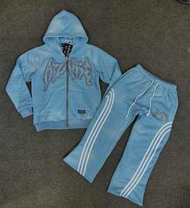 Hombres 100% algodón 500gsm huye con piedra del Rin con estampado de pantalla Zip Up Sudadera con capucha y pantalón plano Traje de sudor al por mayor - Product Image 1