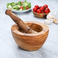 Mortier et pilon en bois d'olivier à surface plate |   Outil de cuisine tunisien fait main |   OEM / Vente en gros