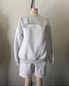 OEM Women's Casual 2-Piece Crewneck Top Shorts Set 280gsm Thick Cotton Fleece Custom Printed Embroidery Patches Winter Solid - Product Image 5