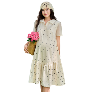 V1424 Summer Maternity Dress Fishtail Polka Dot Soft <b>Cool</b> Spandex Sweat-Absorbent Fabric Side Pockets Adjustable Elastic Buttons - Product Image 1