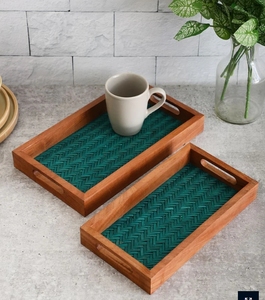 Juego de 2 bandejas a base de bambú verde de madera de acacia con asas bandeja decorativa para servir plato para mesa de desayuno decorativa - Product Image 2