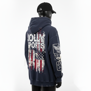 Premium 320 GSM Cotton Fleece <b>Men</b> Pullover <b>Hoodie</b> <b>Navy</b> Red Distressed Print Patch Panels Custom Logo Screen Print Basics <b>Hoodie</b> - Product Image 4