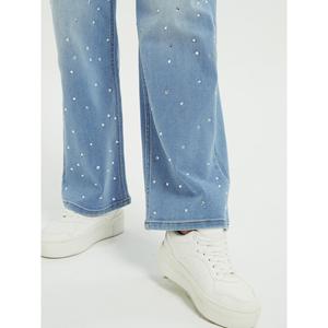 Jean droit taille haute pour femme Paola Riboni, délavage clair, orné de strass, coupe ample, longueur intégrale, en denim, idéal pour l'été et l'automne - Product Image 4