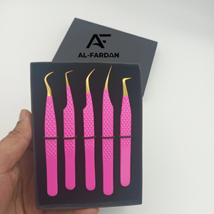 New Articles Lash Volume Tweezers <b>Pink</b> Color Gold Tip 5 Pieces Set With Card <b>Boxes</b> Japanese Stainless Steel Eyelash Tweezer - Product Image 1