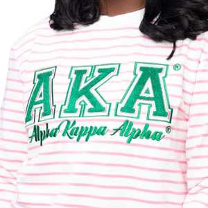 2025 Greek Women's Pink Stripe <b>Sweatshirt</b> Sorority Long Sleeve Pullover with Green XAKA Letters, Casual Cotton Blend Greek Wear - Product Image 6