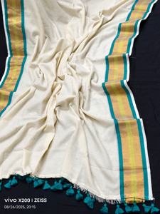 Sari de Seda/Algodón OFFWHITE con Borde de Zari, Ecológico, de Secado Rápido, Peso Medio, Estilo Liso para Vestido de Niña o Boda - Product Image 2