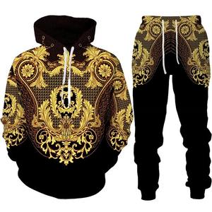 Traje con capucha de estilo de corte barroco para hombre, Conjunto de sudadera y pantalones con estampado 3D de flores doradas de lujo para hombre, ropa de calle Unisex de moda - Product Image 2