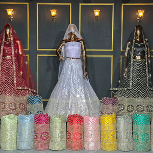 Lehenga choli ตาข่ายสวยหรูพร้อมกระจกปักลายหิน Shisha dori Work jarstone สำหรับงานแต่งงานปาร์ตี้สวมใส่20สีที่มีคุณภาพสูง - Product Image 1