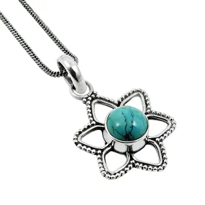 Charmant pendentif en argent sterling 925 pierre précieuse turquoise naturelle aspect classique breloque bijoux faits main prix de gros fournisseurs - Product Image 1