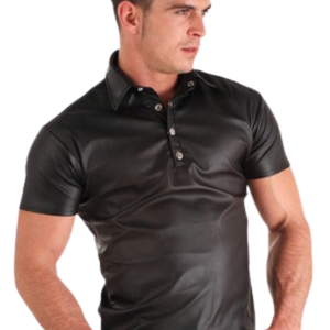 Leatherette Mens Polo Top Black Faux Leather Short Sleeve Stretch Fit <b>Fetish</b> Clubwear Shirt - Product Image 5