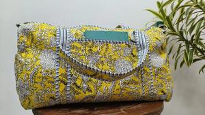 Le Souvenirs Handmade Blockprinted Quilted Cotton Duffle Bag Detachable Long <b>Belt</b> Yellow White Floral Print-Weekender Luxury - Product Image 3