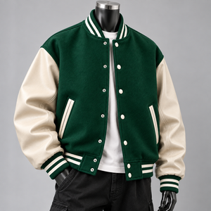 Chaqueta Varsity Verde para Hombre, Estilo Preppy, Cuello Alto, Cierre de Botón, Corte Regular, para Invierno, 100% Algodón - Product Image 4