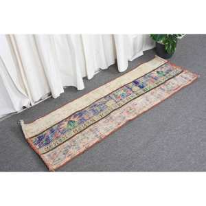 Alfombra turca beige vintage de 1,4X4 pies, diseño clásico de retazos de lana hecho a mano con respaldo de látex para sala de estar o dormitorio - Product Image 3