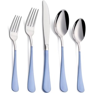 Juego de 5 cubiertos de acero inoxidable, ideal para cocina, mesa, comedor, fiesta en casa, cubiertos chapados en color plateado, mango azul - Product Image 1