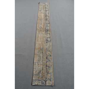 Turkish Rug 1,2x8,5 ft, <b>Brown</b> Blue Ikat <b>Wool</b> Vintage Rug - Product Image 1