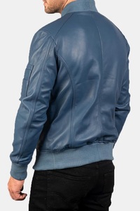 Blouson aviateur en cuir de mouton bleu de haute qualité pour hommes, style formel d'hiver avec décoration de boutons, toile fine - Product Image 2