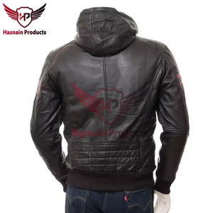 Chaqueta de Cuero Genuino para Hombre, con Capucha, Franja Roja en las Mangas, Estilo Bomber, Detalles en Tejido de Punto, Diseño Clásico, Abrigo Cálido de Invierno - Product Image 6