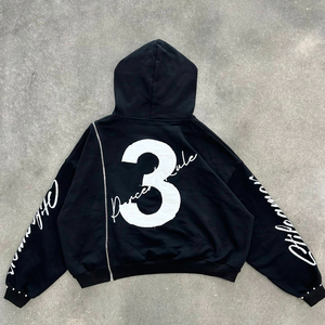 Sudadera con capucha con cremallera y retazos bordados con logotipo personalizado, parche bordado, ropa de calle con pasador de Hip Hop, Sudadera con capucha Boxy Fit para hombre - Product Image 2