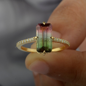 Anillo de turmalina de sandía Natural de nuevo diseño, anillo de diamante de oro amarillo sólido de 18 quilates, anillo de compromiso, joyería para mujer - Product Image 3