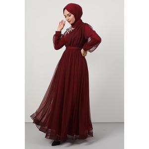 Abito da sera in Tulle con spalla ricamata rosso Claret - Product Image 4