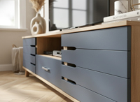 Meuble TV moderne en chêne gris foncé de 180 cm avec 2 portes artistiques, tiroir de rangement et glissières métalliques, idéal pour hôtels, convient aux téléviseurs de 65 pouces et plus, pour salon