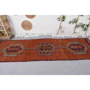 Tapis Kilim Vintage Orange Rouge avec motif Patchwork 3.1x9.8ft pour entrée chambre 10mm d'épaisseur laine Viscose matériau Latex soutenu - Product Image 3