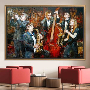 Toile imprimée avec des musiciens de jazz : Décoration élégante sur le thème de la musique africaine, TOILE ENCARTÉCHÉE DORÉE - Product Image 1