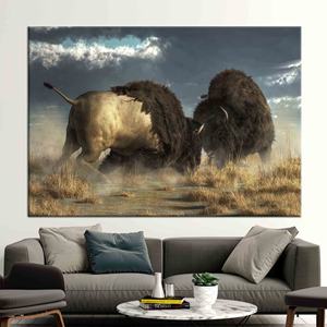 Toile d'art élégante sur le thème de la bataille des buffles - Décoration imprimée sur le thème de la nature sauvage, 1P : Prête à accrocher - Product Image 1