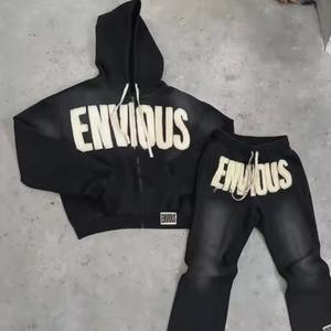 2025 OEM personnalisé hommes en détresse broderie Patch deux pièces survêtement ensemble acide lavage strass à capuche grande taille hiver - Product Image 6