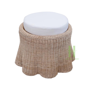 Round Scallop Rattan <b>Ottoman</b> with White Cushion Luxury Wicker <b>Stool</b> Variety of Design OEM Packing in HNH Craft Factory - Product Image 1