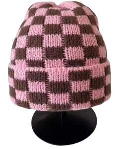 Gorro de Punto a Cuadros Rosa Marrón de Invierno, Grueso, Cálido, Mezcla de Lana, Suave y Elástico, Fabricante Personalizado, Unisex, para Clima Frío - Product Image 1