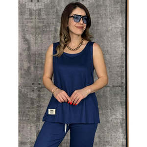 Ensemble deux pièces pour femme, chemisier à bretelles et col rond en viscose à deux fils et pantalon de survêtement, 26612 - Bleu marine - Product Image 2