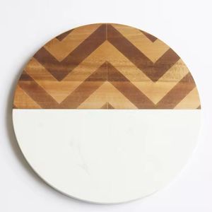 Acacia Wood with White Marble Accent Lazy Susan Serving Tray Spice and Mat and Pads For <b>Table</b> Decoration - Product Image 4