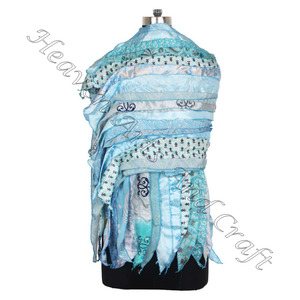 Designer Handmade Recycled <b>Silk</b> Sari <b>Shawl</b> 15 Strips Printed Female Scarf Long Style SC542 Fine <b>Silk</b> Wholesale Vintage - Product Image 5