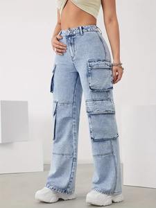 Pantalon cargo taille haute pour femme, jambe large, décontracté, 6 poches, pantalon tendance et cordon de serrage ajustable, pantalon pour femme - Product Image 3