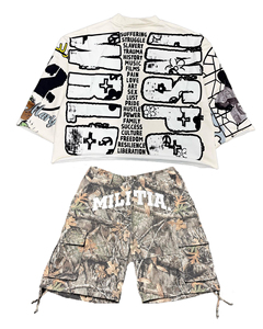 Venta al por mayor personalizado Premium peso pesado de punto de algodón gráfico camiseta pantalones cortos de gran tamaño hombro caído diseño sin dobladillo recortado Vintage - Product Image 1