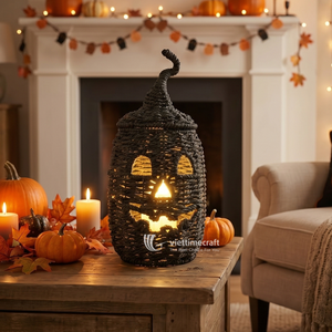 Linterna Clásica Negra de Medianoche para Halloween, Jack-o'-lantern Artesanal, Luz Decorativa, Centro de Mesa Festivo de Fibra Natural Sostenible - Product Image 2