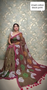 Sari de algodón Khadi Handloom con estampado de bloque tradicional amarillo granate ligero uso diario - Product Image 2