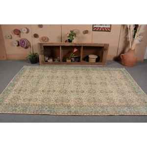 Tapis Turc Vintage Beige et Bleu 5.4X9 ft Laine Tissage Plat avec Motif Patchwork pour Décorations de Salon - Product Image 4