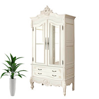 Armoire de style français, placards et penderies, couleur blanche, deux portes miroir, panneau MDF, bois sculpté, bois de mahogany massif pour ensemble de chambre à coucher
