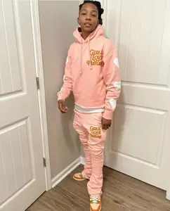 Conjunto de chándal con estampado de farol personalizado para hombre y mujer, conjunto de chándal Unisex con pantalones acampanados apilados y Sudadera con capucha de dobladillo sin procesar - Product Image 5