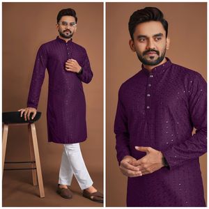 Kurta de algodón recto Manyawar para hombre con trabajo de lentejuelas Sherwani de seda elegante para niños - Product Image 6
