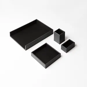 书桌收纳器套装粘合皮革黑色笔架代客托盘文件托盘名片夹