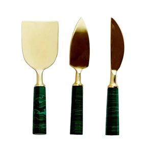 ชุดมีดหั่นชีสและเนยโลหะสแตนเลสสีทองและด้ามหินอ่อนสีเขียวเหมาะสำหรับการรับประทานอาหารที่หรูหรา - Product Image 1