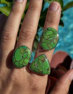 Anillo de Plata de Ley 925 con Turquesa Verde Cobre Original, Venta al por Mayor, Tendencia, Precio de Fábrica, Joyería para Mujer - Product Image 3