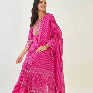 Mujeres étnicas Bandhani bordado Regular puro algodón Kurta con Sharara y con Dupatta indio Pakistán Salwar kameez traje - Product Image 1