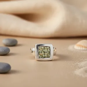 A Minimalist 925 <b>Silver</b> Square Cocktail <b>Ring</b> with Green Quartz Bezel Setting Geometric Pattern Modern Unisex Everyday Wear - Product Image 1