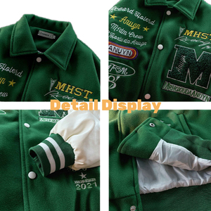 แจ็กเก็ตเบสบอลผ้าวูลสไตล์วินเทจของผู้ชายเสื้อทีมโรงเรียนปักลายคอตั้งแขนเสื้อหนัง XS ขนาด - Product Image 6