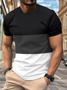 Camiseta de manga corta y cuello redondo con patrón de rayas de contraste de color para hombre, camiseta informal elegante de verano para hombre - Product Image 1